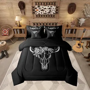 Bull Skull 7 Piece Bedding Set,Bohemian Comforter Bed Set with Sheets Simple Line Drawing Bull Head Aztec Bed Bag,Rose Leaf Print Black White Teens Bed Set