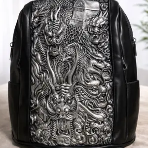 Dragon Dynasty Pack SKU 0000 BLACK SILVER Intricate Dragon Design Leather Backpack for Men
