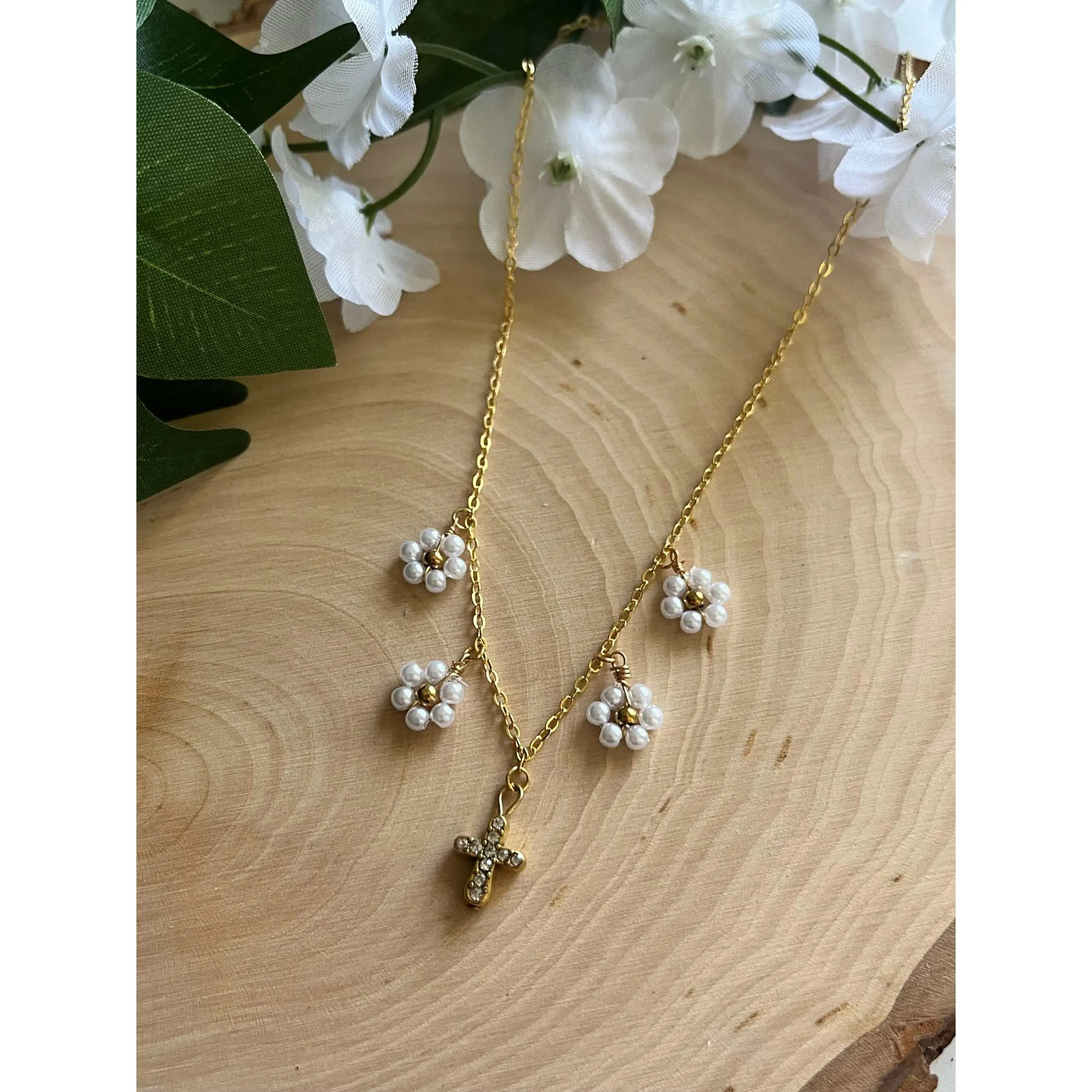 Gold Necklace – 16K Faith Pendant with Daisies and Cross *LOW STOCK