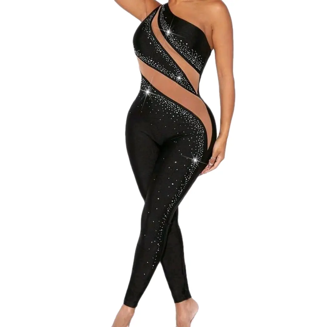 One Shoulder Sheer Mesh Insert Rhinestone Unitard Jumpsuit