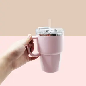 1-Pack 12-Oz Handle Coffee Cup, Stainless Steel Inner Liner + Plastic PP Outer Shell, Insulated Car Mug with PP Straw, Portable Vehicle Coffee Water Cup, Tumbler with Lid