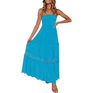 ZESICA Women's 2026 Summer Bohemian Strapless Off Shoulder Lace Trim Backless Flowy A Line Beach Long Maxi Dress
