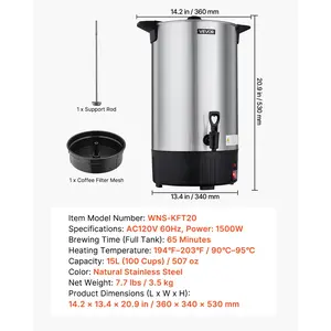 VEVOR Commercial Coffee Urn, 100 Cup 15 L Hot Beverage Dispenser with Dripless Faucet, Quick-Brewing Stainless Steel Large Commercial Coffee Maker, for Catering, Business, Party, Church Restaurant