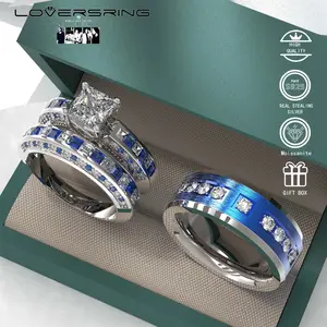 Wedding Ring Sets His And Hers Promise Ring Wedding Ring Sets His And Hers Couples Women 925 Sterling Silver Square Cut Moissanite Man titanium Wedding Band