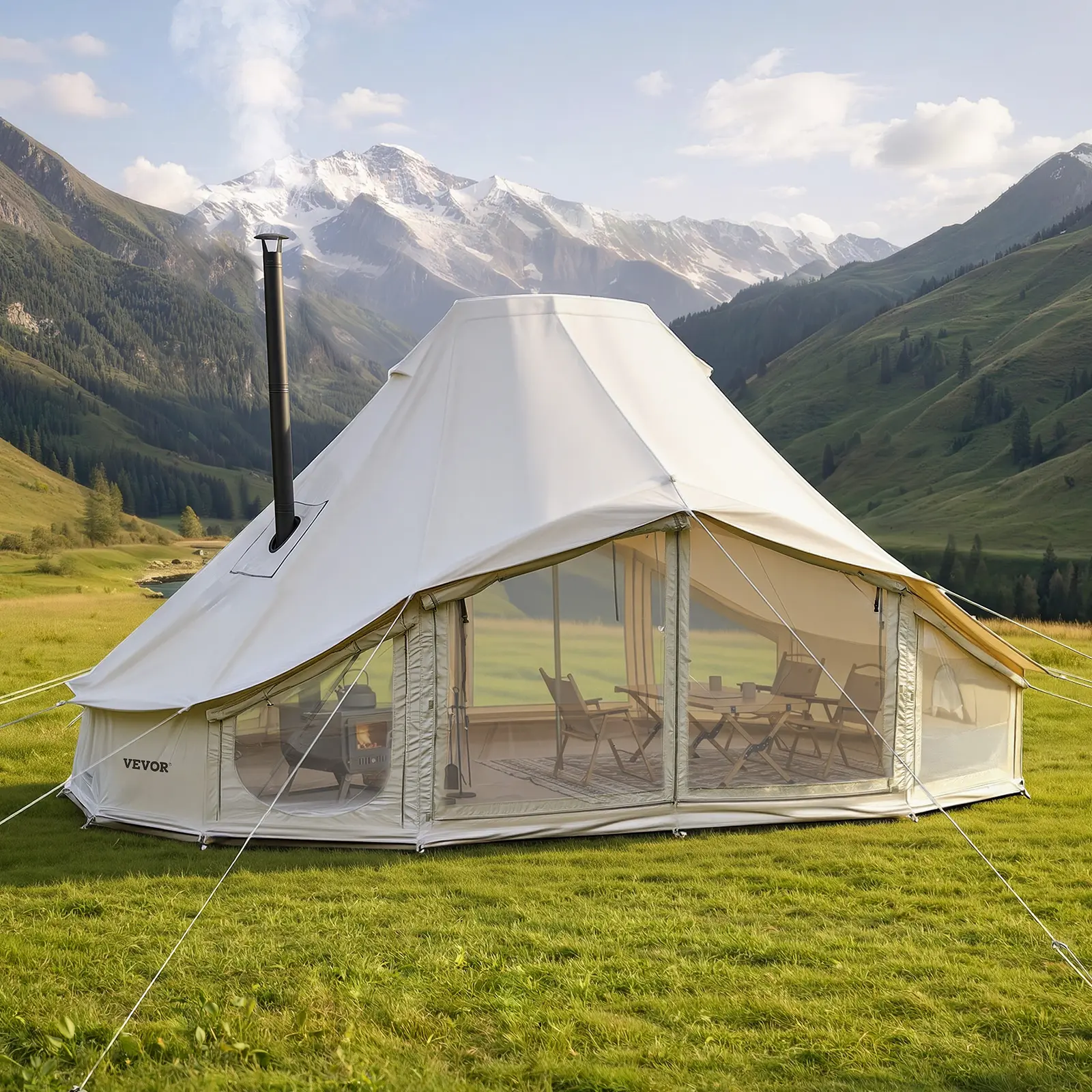 【SummerFinds】VEVOR Bell Shape Canvas Tent for Camping, 19.7ft Poly-Cotton Yurt with Large Space & Ventilation, 4-Season Group Camps Tent for 10-12 People, Stove Jack Included for Glamping & Outdoor Parties, Tents For Camping, Complete Accessories