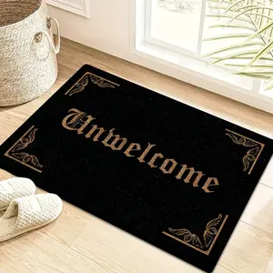 Gothic "Unwelcome" Doormat, Vintage Gothic Font & Ornate Corners, Non-Slip Backing. Absorbs Dirt & Moisture, Easy to Clean. Perfect for Dark Humor & Gothic Entryway Decor