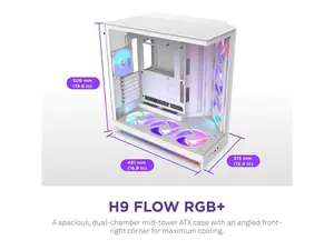 NZXT H9 Flow RGB+ (2025)  Large Dual-Chamber ATX Mid-Tower Airflow PC Case  Includes 7 RGB Fans (6 x 140mm, 1 x 120mm) & Control Hub  420mm Radiator Support  Back-Connect Ready  White