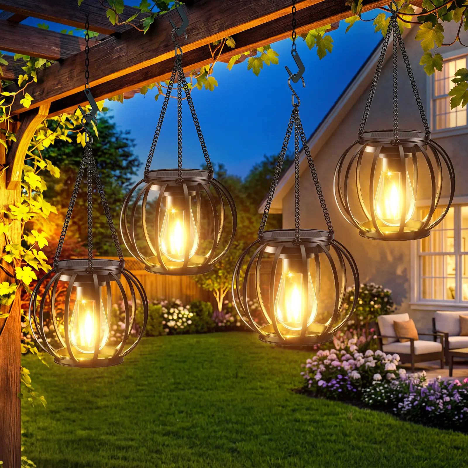 Solar Lanterns Outdoor Waterproof, 4/2 Pack Metal Solar Garden Lights with Hook, Classic Outdoor Lighting for Outside Yard Garden Patio Porch Balcony Decorations, Solar Outdoor Lights, Outdoor Hanging Decorative Lamps
