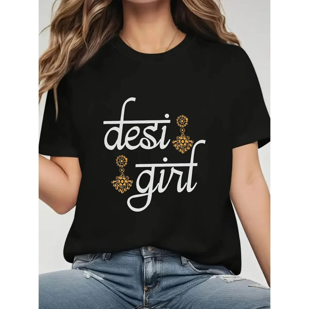 Women's Graphic Tee with South Asian Desi Print - Soft Cotton, Relaxed Casual Fit, Breathable Crew Neck T-Shirt for Everyday Style, Relaxed Fit, Basics, Graphic Print