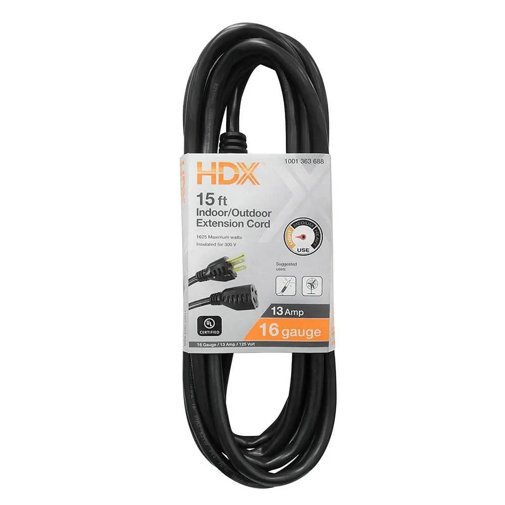 15 ft. 16/3 Light Duty Indoor/Outdoor Extension Cord, Black 15 ft. 16/3 Light Duty Indoor/Outdoor Extension Cord, Black