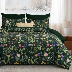 Queen Comforter Set 7 Piece, Dark Green Floral Bedding Set, Bed in a Bag Queen with Botanical Flowers Patterns, Soft Lightweight Complete Comforters with Sheets for All Season