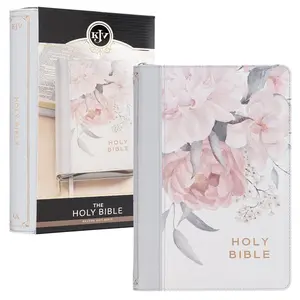 Holy Bible, Deluxe Gift Bible with Thumb Tabs, Ribbon Marker, King James Version, Faux Leather, Frosty Gray and Pink Floral (Deluxe Gift Editions)