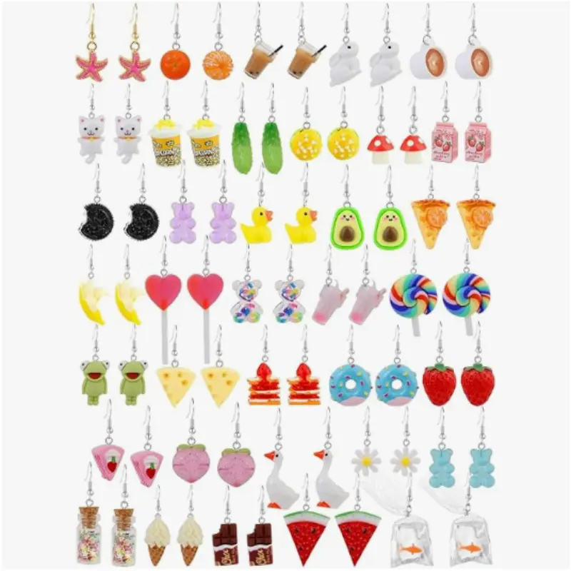 36 Pairs of Fun and Cute Earring Sets: Quirky Simulation of Frog, Panda, Goldfish, Mineral Water Bottle, Strawberry, Mushroom, Food, and Toy Earrings