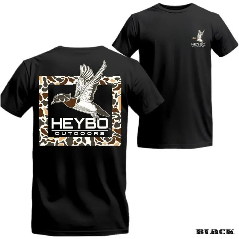 Heybo Outdoors Double-sided Print Design Black Roundneck Tshirt Flying Mallard Graphic Tees For Waterfowl Hunters Outdoor Sport Menswear Tropical Classic Crewneck Shortsleeve Stylish Casual Cotton Streetwear