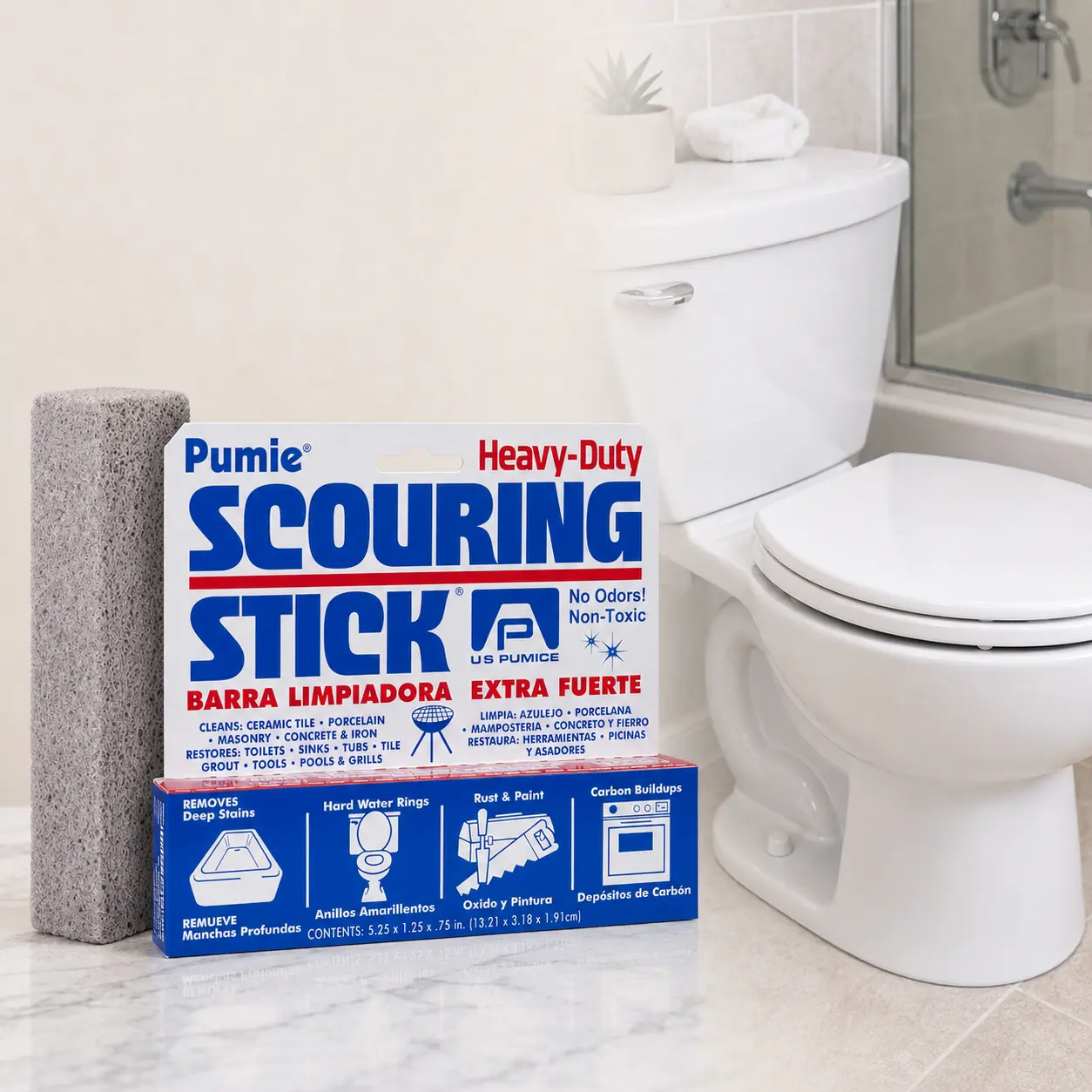 PUMIE Pumice Scouring Stick - Unscented Pumice Stone Household Cleaner Tool for Bathroom Deep Clean, Removing Toilet Rings, Rust Stains, Mineral Deposits on Hard Surfaces Indoors (Porcelain, Tubs, Sinks, Iron Cookware)