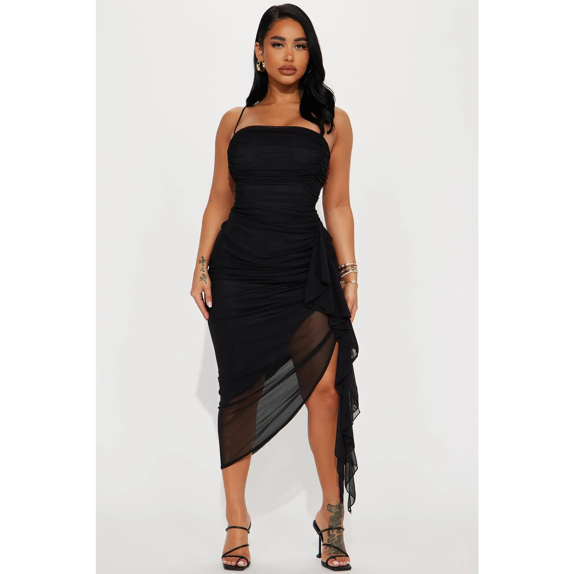 Pretty Lady Ruched Midi Dress - Black