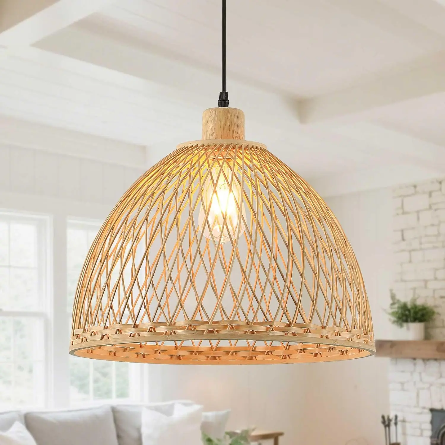 Hand-Woven Rattan Pendant Light - 16in Adjustable Cable AC Power Supply 60W Boho Wicker Light, Non-Smart Device for Kitchen Island, Dining Room, 16 Inches