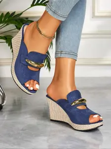 Women's Fashionable Denim Open Toe Wedge Sandals, Wedge Peep Toe, Elegant Solid Color Platform Sandals for Party, Daily Clothing Decor, Trendy All-match & Exquisite Sandals for Women, Girl, Wedge Shoes