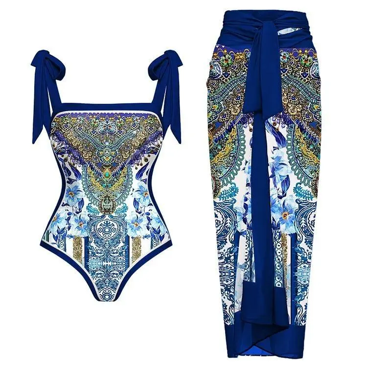 FLAXMAKERSWIM Women's Reversible Blue Print Tie-shoulder One Piece Swimsuit and Matching Sarong Set Swimdress Bathing Suit Stylish Beachwear Swimoutfit Tummy Control Swimwear #Summervibes outdoorfun #SwimWeek