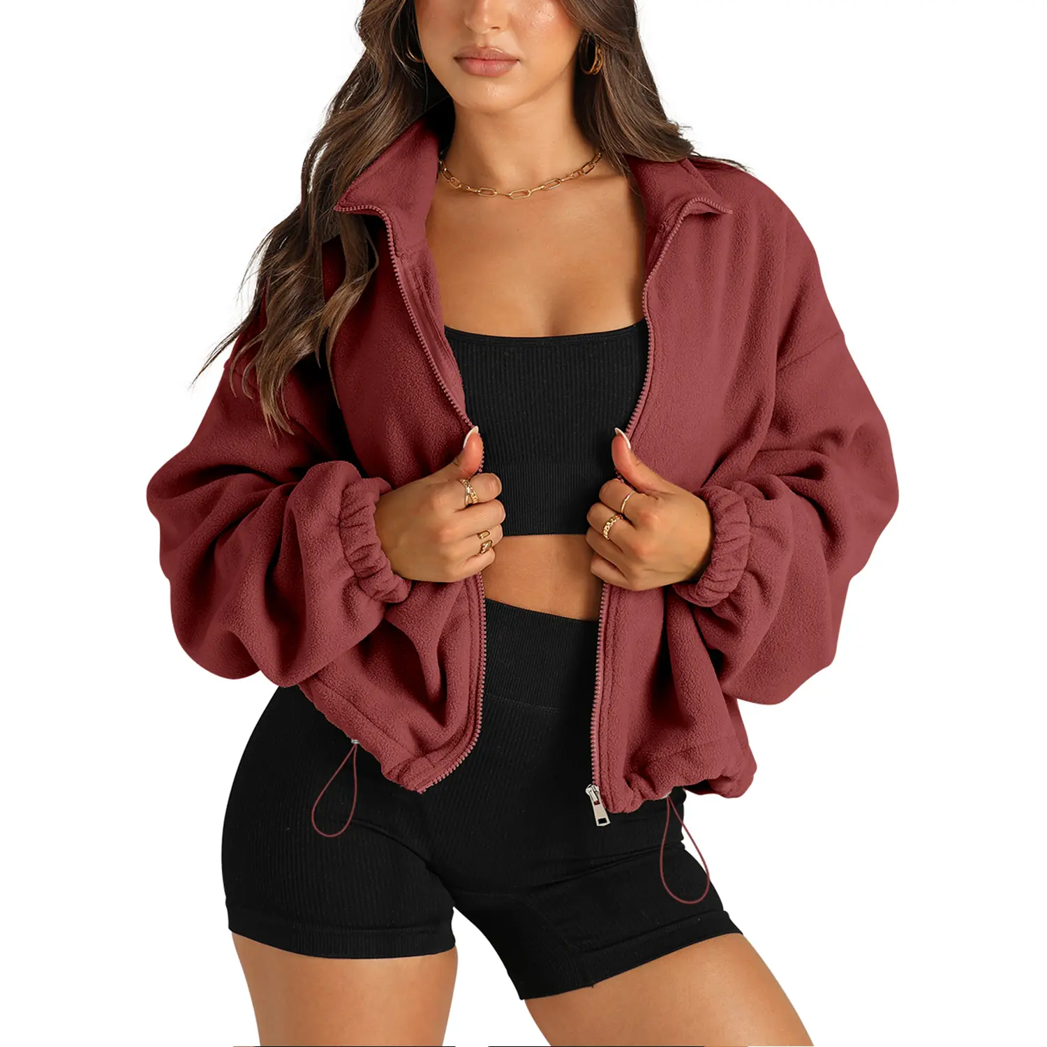 Angerella Women's Full Zip Fleece Short Jacket Warm Winter Long Sleeve Stand Collar Sherpa Crop Coat