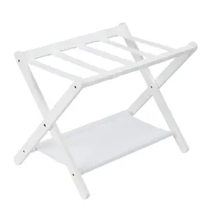 Garvee Premium Bamboo Folding Luggage Rack with Storage Shelf and Nylon Straps, Holds Up to 110 Lb, Fits Most Suitcases, Ideal for Bedrooms, Living Rooms, and Hotels, White Finish