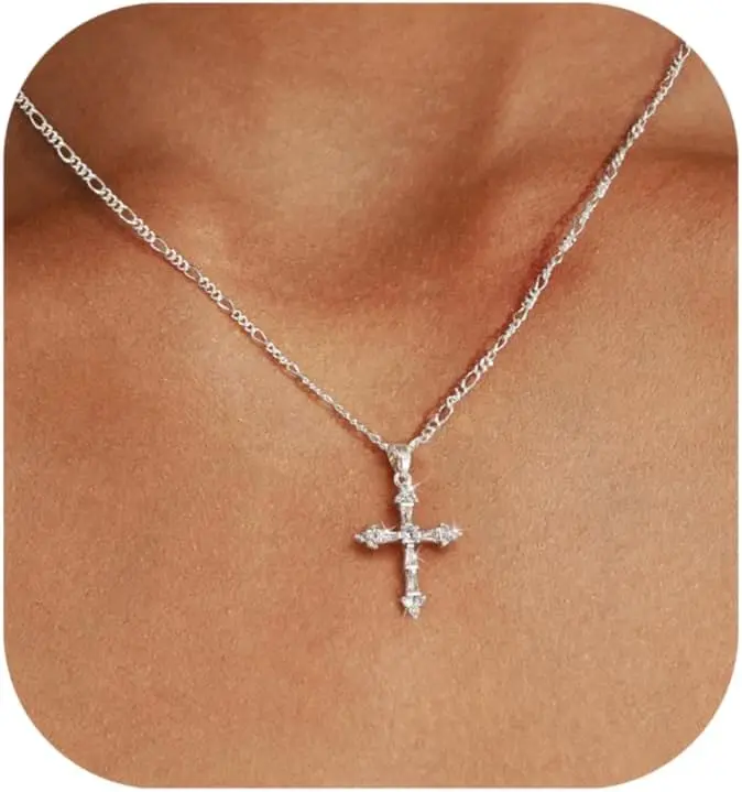 14K Gold Plated Cross Necklace for Women, Dainty Christian Faith Cross Pendant Necklace, Box & Figaro Chain, Non Tarnish Jewelry Gift,back to school,back to school haul