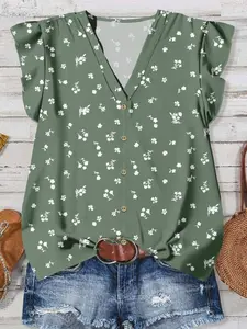 Women's Casual Floral Pattern V-Neck Short Shirt, Perfect for Spring Summer Autumn, Fashionable Women's Clothing, Ladies' Stylish Blouse
