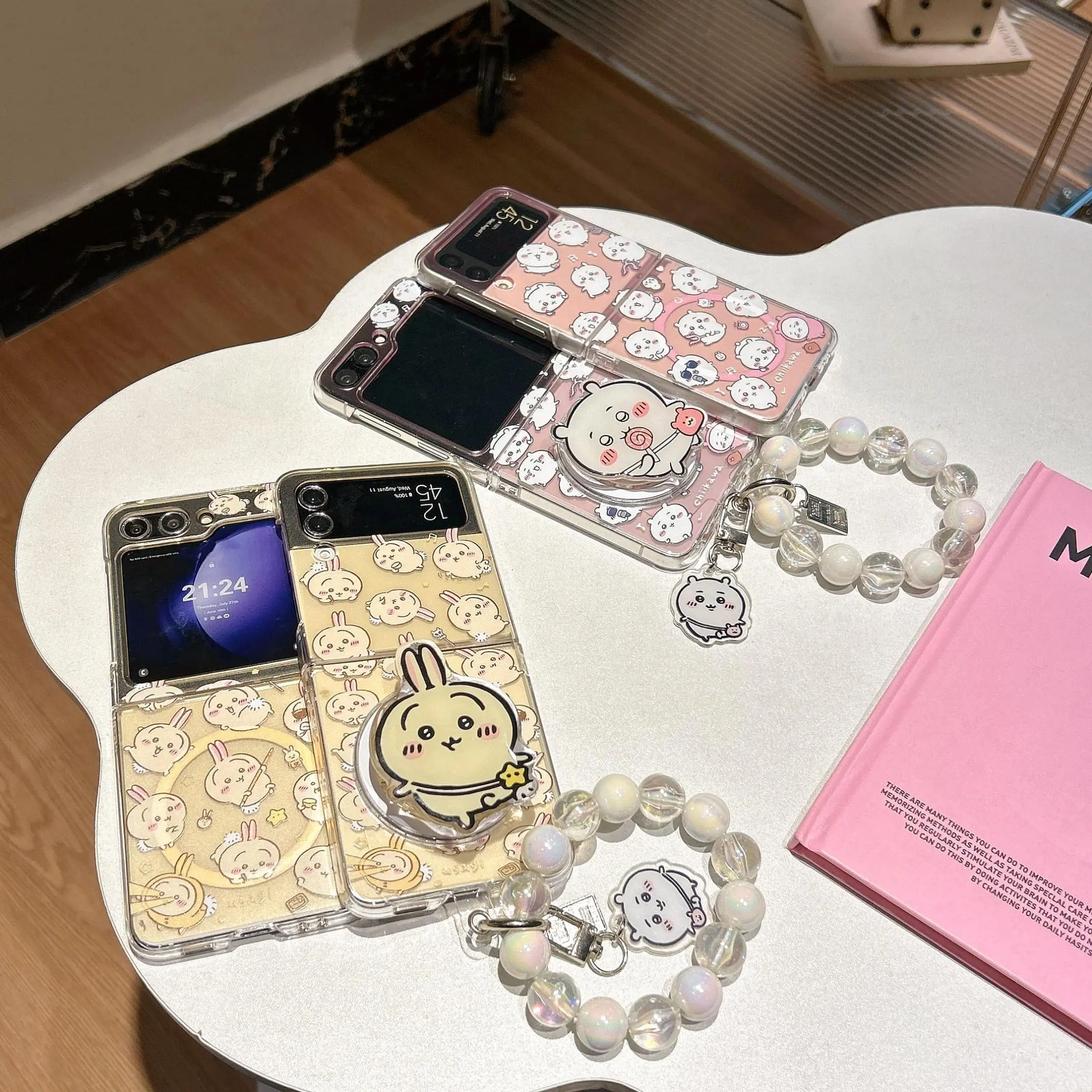 for Samsung Galaxy Z FLIP 7 FE 6 5 4 3 flip7 flip6 Strap Pendant Fold Phone Case Chiikawa Usagi Hachiware Cartoon Magnetic Cover