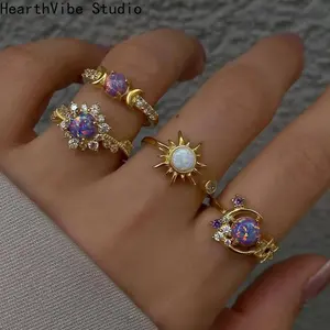 2026 Women’s Sun & Moon Gemstone Ring Set, Trendy Geometric Stackable Rings with Sparkling Crystal Detail, Minimalist Light Luxury Jewelry for Daily Wear, Dates, Parties & Gift Giving SpringStatements