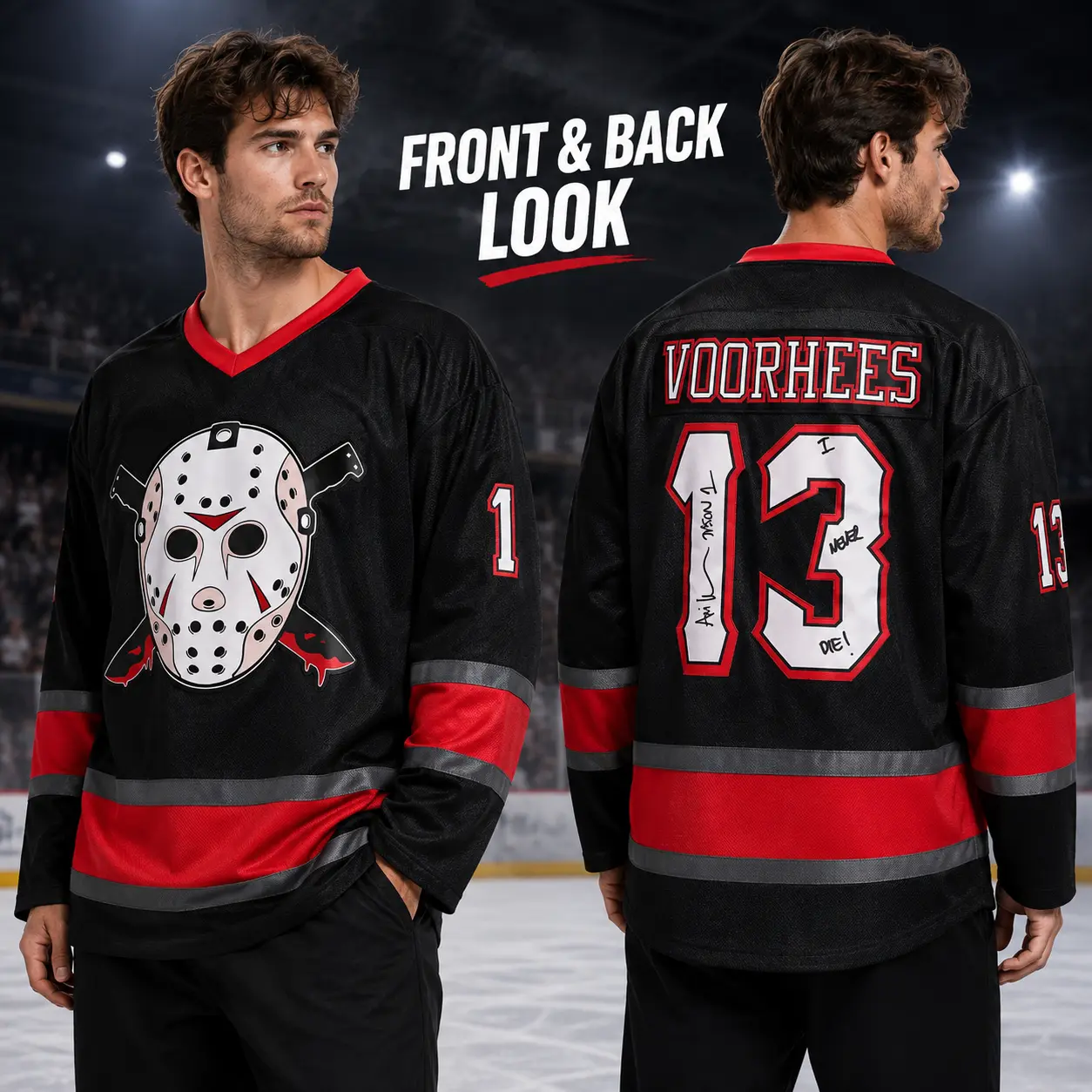 Hockey Jersey Jason Voorhees Men Big & Tall Size Stitched Signature Halloween Cosplay Long Sleeve Black Red Horror Jersey
