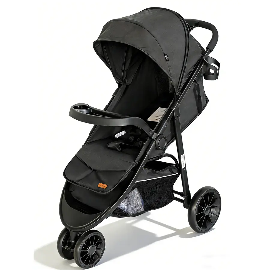 Three-wheeled Baby Stroller Foldable with Reclining Seat Includes Tray & Cup Holder Features Extended Sun Canopy & Breathable Mesh Panel,EVA wheels