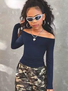 Girls' Classic Plain Slim Fit One-Shoulder Long Sleeve Top, Casual, Comfortable and Versatile, Perfect for Parties and Daily Wear