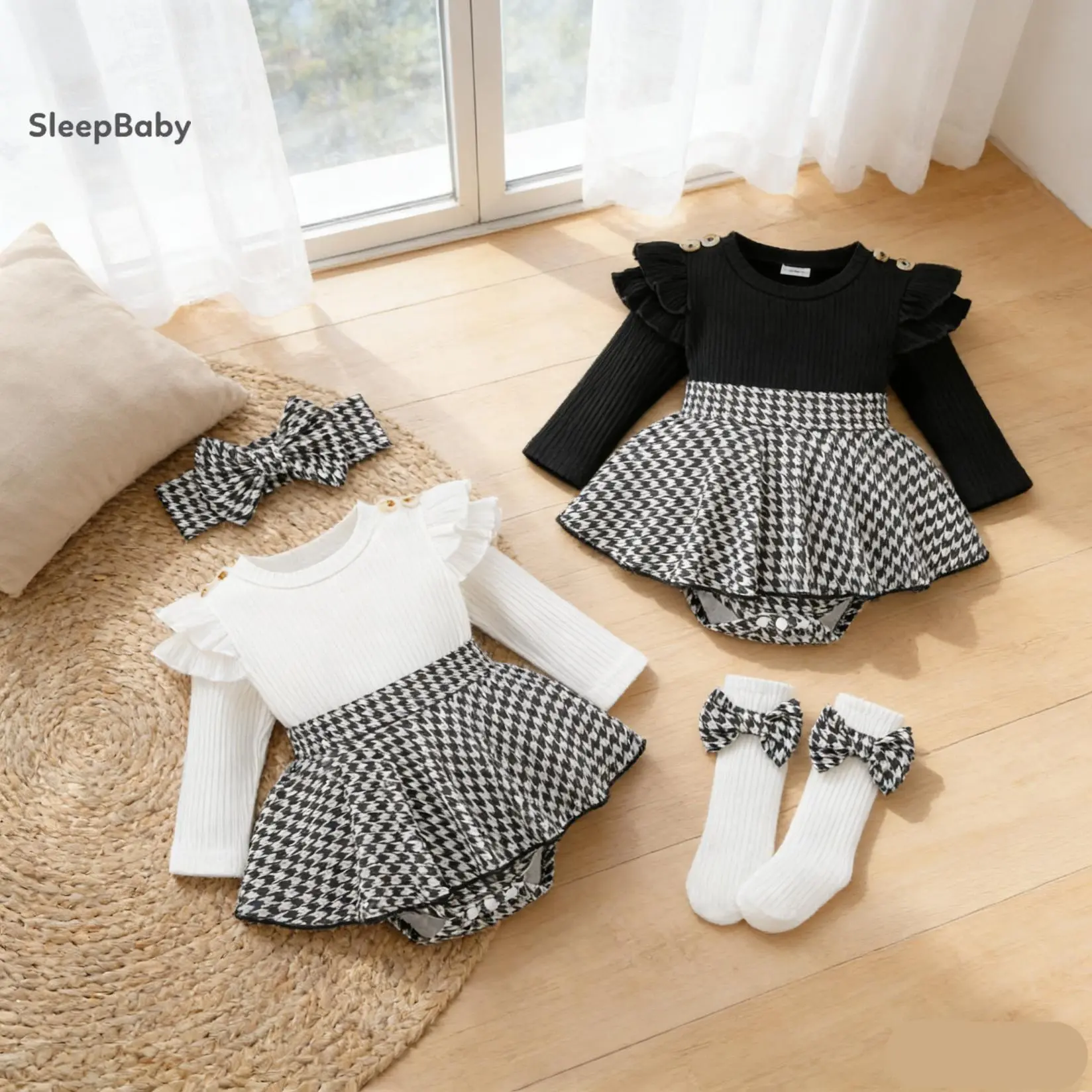 Baby Girls' 3-Piece Newborn Outfit Set, Casual Cotton Blend Houndstooth Romper Dress with Long Sleeves, Smocked Bodice, Headband & Long Socks, Newborn Outfits Set, 0 - 3 Months, Baby Clothing, Gift Set