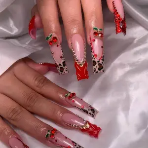 Cherry 3D Red Long Square Press On Nails with Leopard Print and Rhinestone Accents for Stylish Manicures
