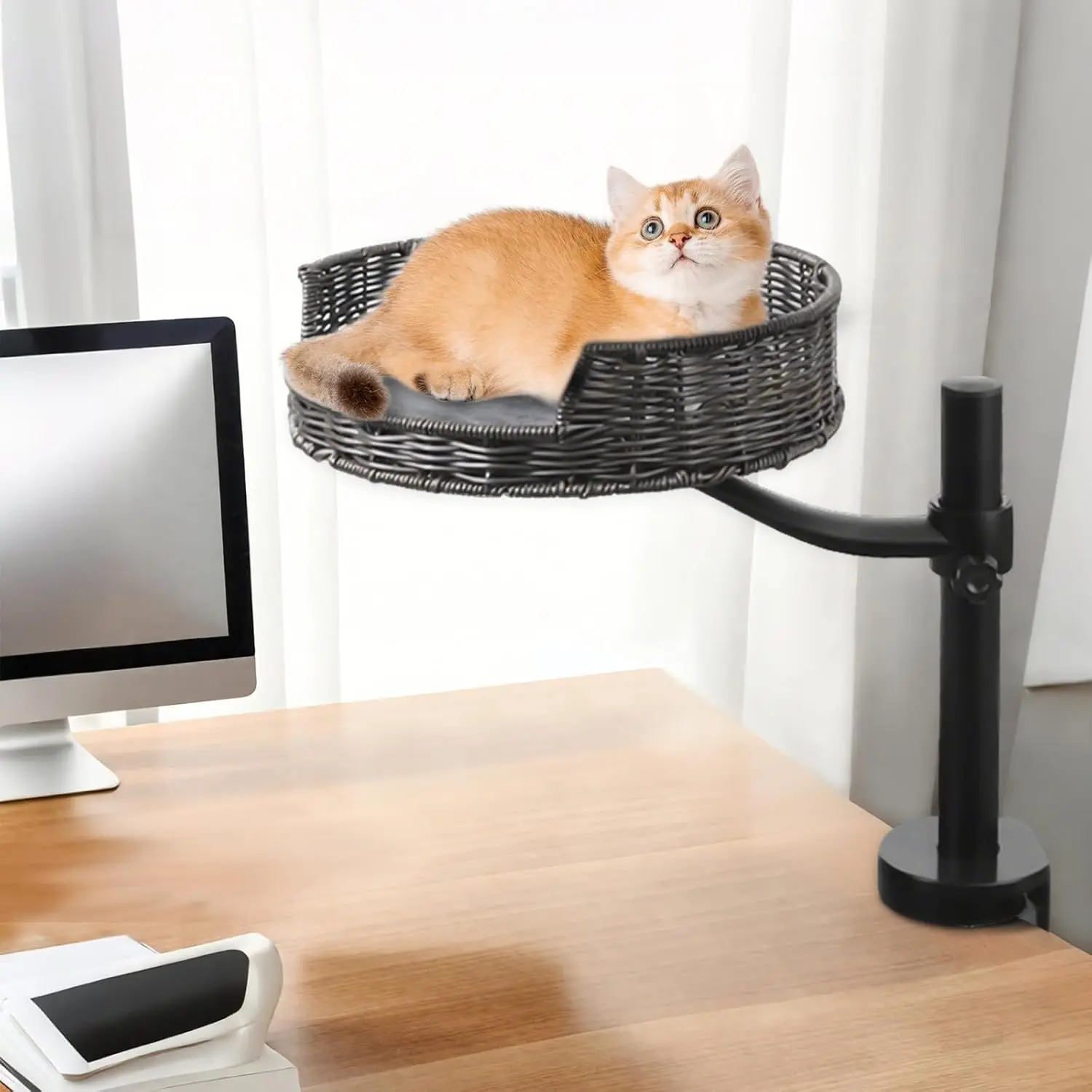 Cat Desk Bed Mount with Adjustable Height,Rattan Cat Desk Perch Supports 30 Lbs,360°Rotation Desktop Kitty Attachment for Indoor Home Office