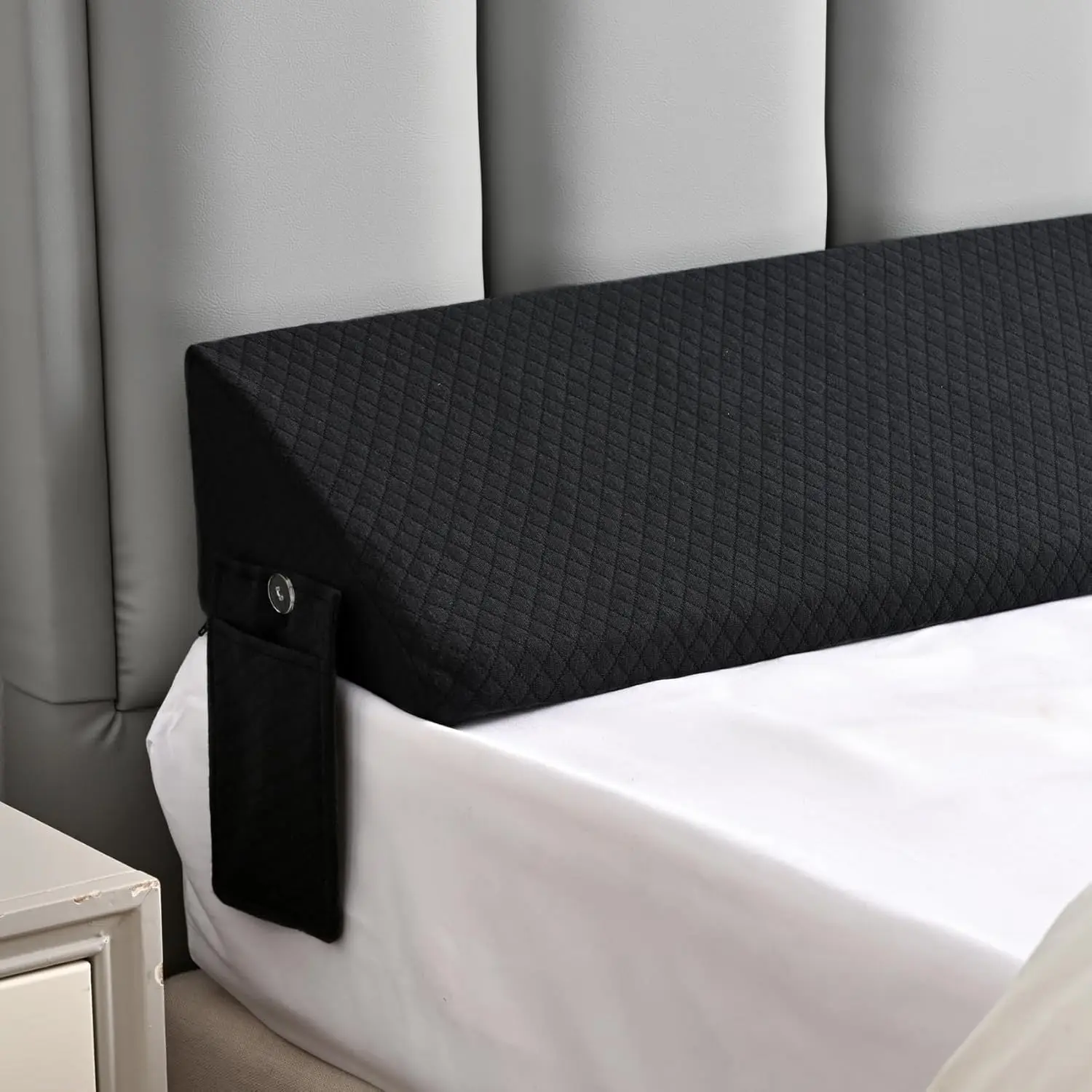 Full Bed Wedge Pillow Headboard & Mattress Gap Filler, Long Triangle Edge Corner Pillows for Sleeping 10x6x54 Inch Dense Foam Grey Pockets, Prevents Toy Drops, Bed Accessories Home Collection