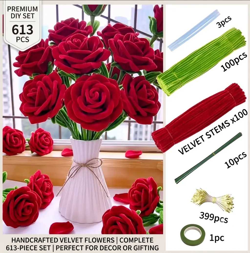 613-Piece Thick Pipe Cleaner Flower Craft Kit - DIY Craft Supplies, Assembly Kit Floral Arranging, Chenille Stems, Flower Stems, Floral Tape, Stamen, Rubber Strip for Assorted Colors Customized Handcrafted Projects, Customized Craft