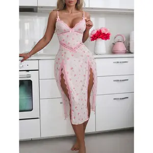 2pcs Set Romantic Floral Print Lace Contrast Mesh Insert Split Wedding Dress