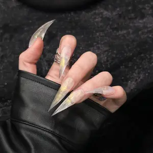 Handmade False Nails, Acrylic Nail, Dragon Claw Design, Clear Gold Powder, Super Shiny, Extra Long Pointy, High Transparency, Versatile Nail Tips