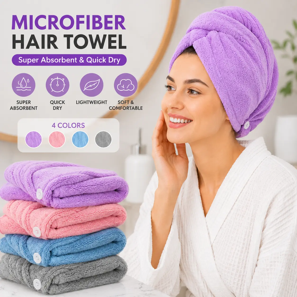 4 Pack Microfiber Hair Towel Wrap for Women, 25 x 10 inch Button Closure, Anti frizz, Ultra Soft and Quick Drying Hair Turbans – Assorted Colors Head Towel for All Hair Types