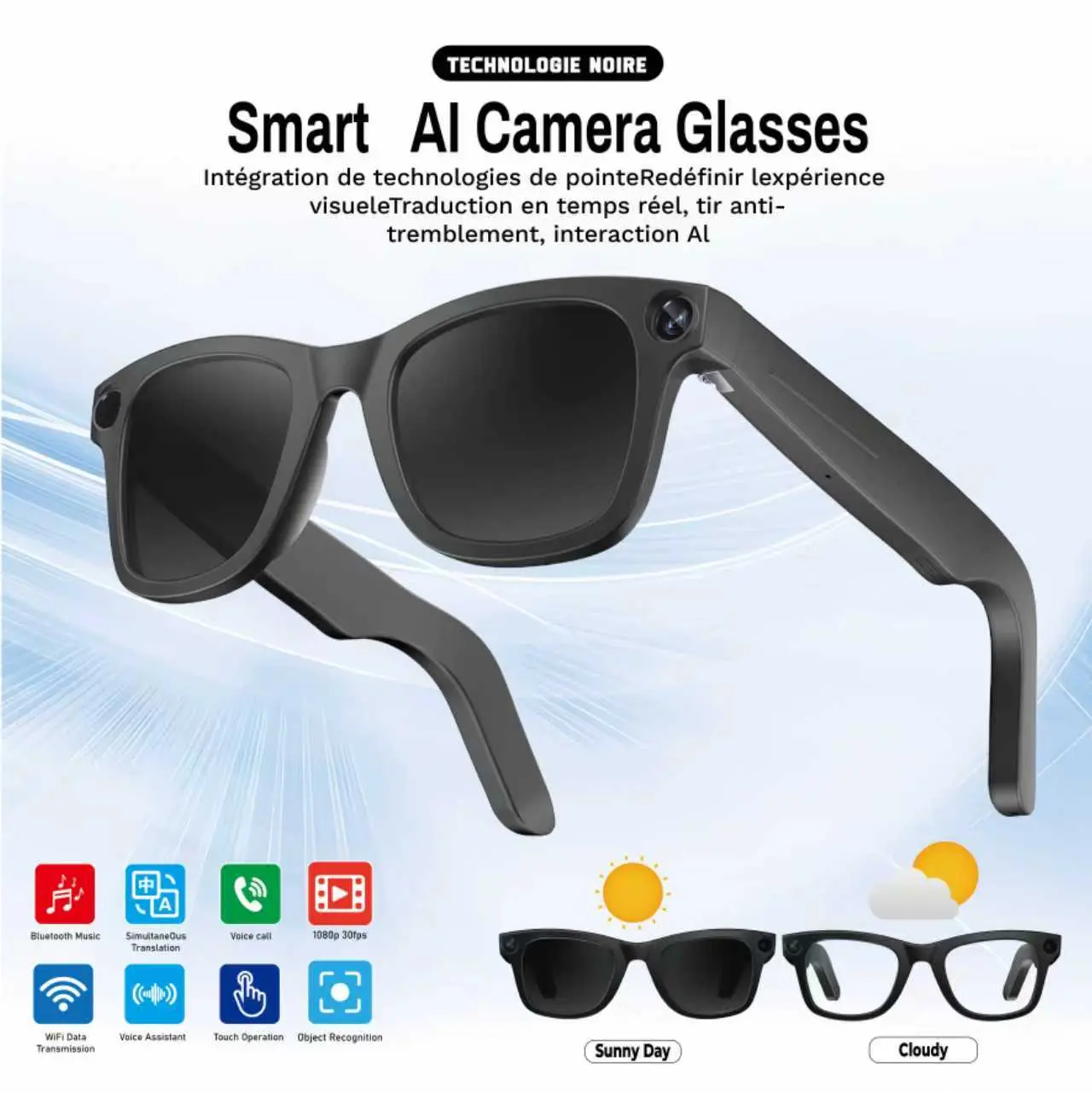 Evomi Touch-Control Wearable Smart Glasses Device - HD Cam, Bluetooth Voice Call, Lightweight Minimalist Design, 2 Versatile Lenses, Day-Night Switch, Immersive Audio Surround Sound Speakers, Black, Future-Ready Technology (Father's Day Gift), Immersive A