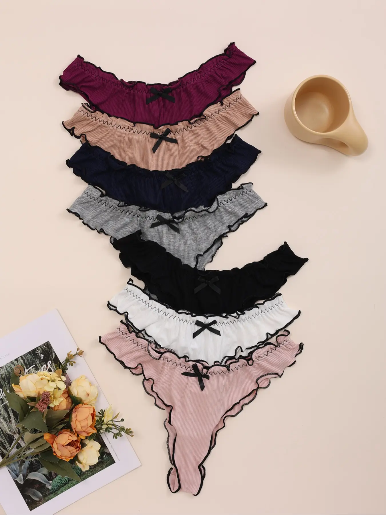 Women's Fashionable Wave Edge Thong, Panties Pack, Comfortable Underwear Set, Stylish Daily Wear, 7 Pieces, Casual Comfy Panties, Casual Panty