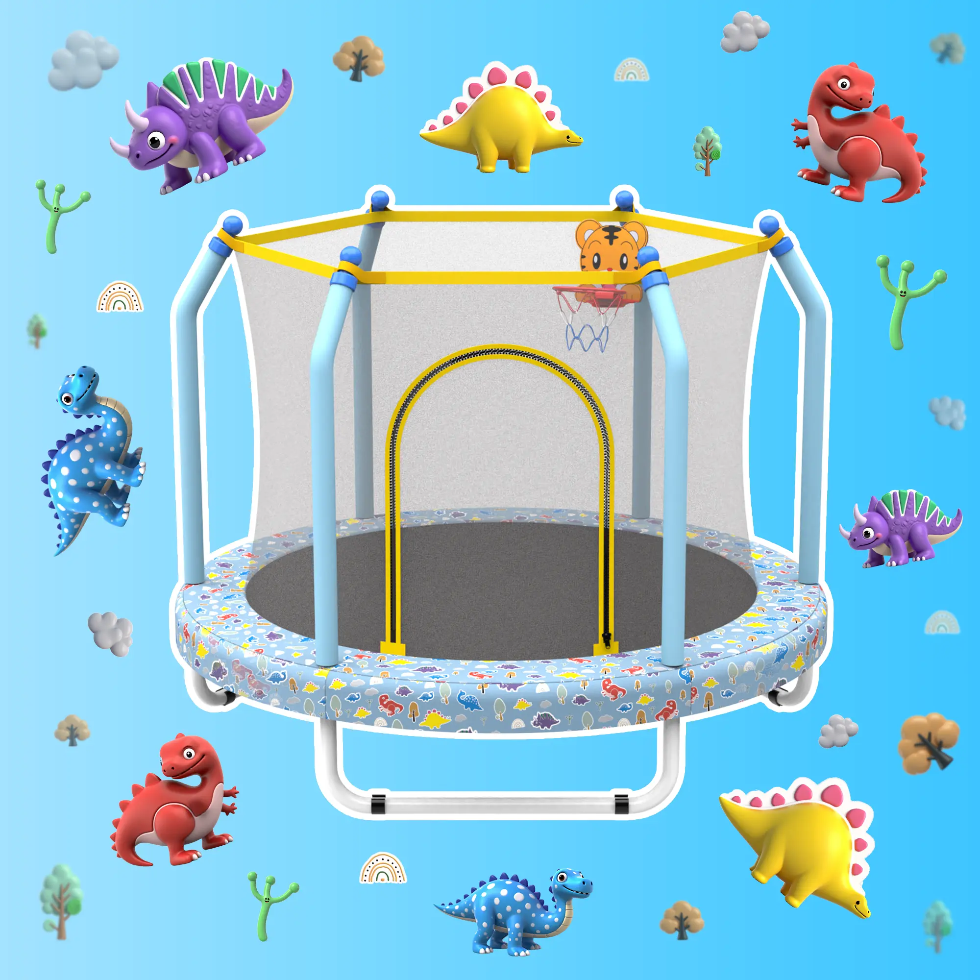Mersco Indoor/Outdoor 55-Inch Toddler Trampoline, Mini Trampoline for Kids with Safety Enclosure Net and Basketball Hoop,Safe Design,Easy to Assemble, Birthday Gifts, Print, Trampoline Workout