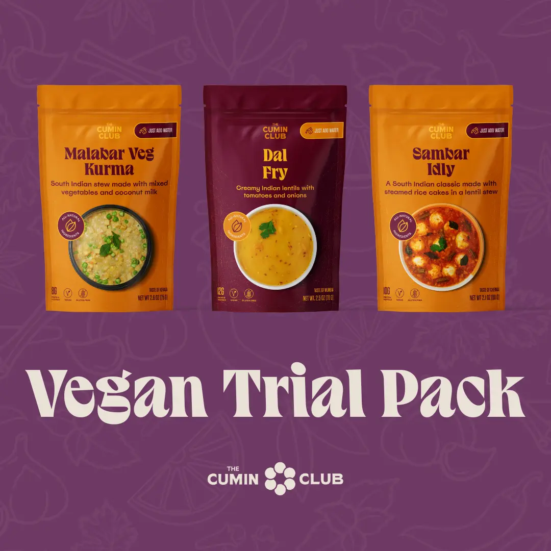 Cumin Club Vegan Indian Meals Bundle – Dal Fry, Sambar Idly, Malabar Veg Kurma 3-Pack / 6pk with Cumin Rice (2 serving per pack)