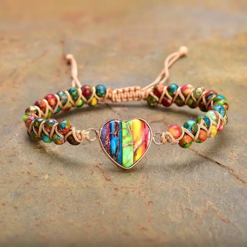 Handmade 7 Chakra Heart Gemstone Bracelet for Women, Adjustable Ethnic Natural Stone Wrap for Spiritual Protection and Mental Health Balance, Back To School, Confirmation, Granddaughter, Bangle, Birthday