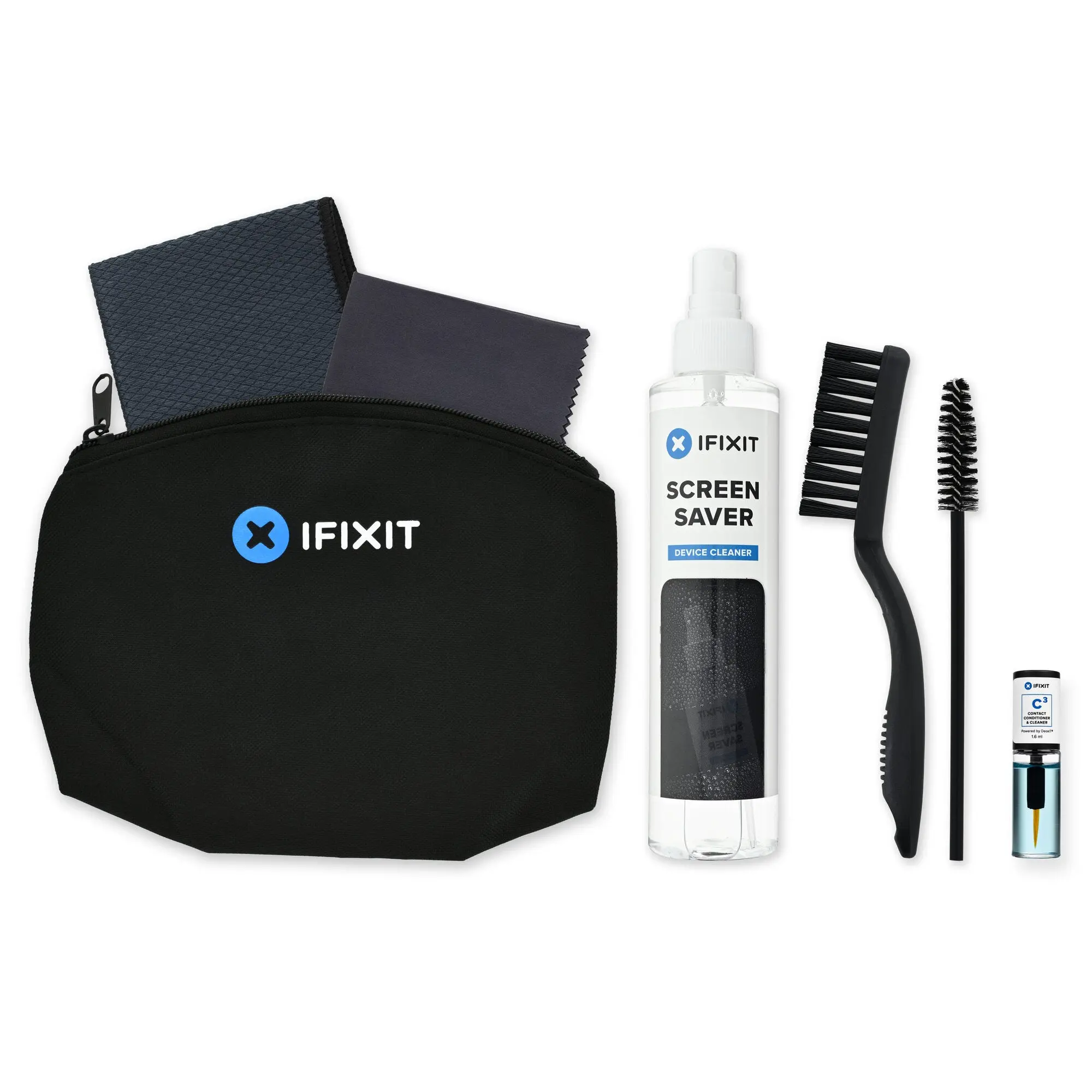 iFixit Complete Cleaner Kit for Game Console Owners - 2 Cylindrical Cleaning Brushes, Anti-Static Brush, Microfiber Cleaning Cloths, Screen Saver, Contact Conditioner, Essential Tools, Zippered Pouch