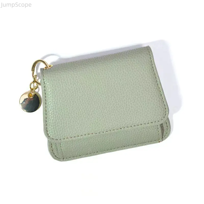 Women's Minimalist Plain Leather Trifold Cardholder - Slip-on Keychain Wallet with Card Slots, Transparent Window for Daily Use & Everyday Carry
