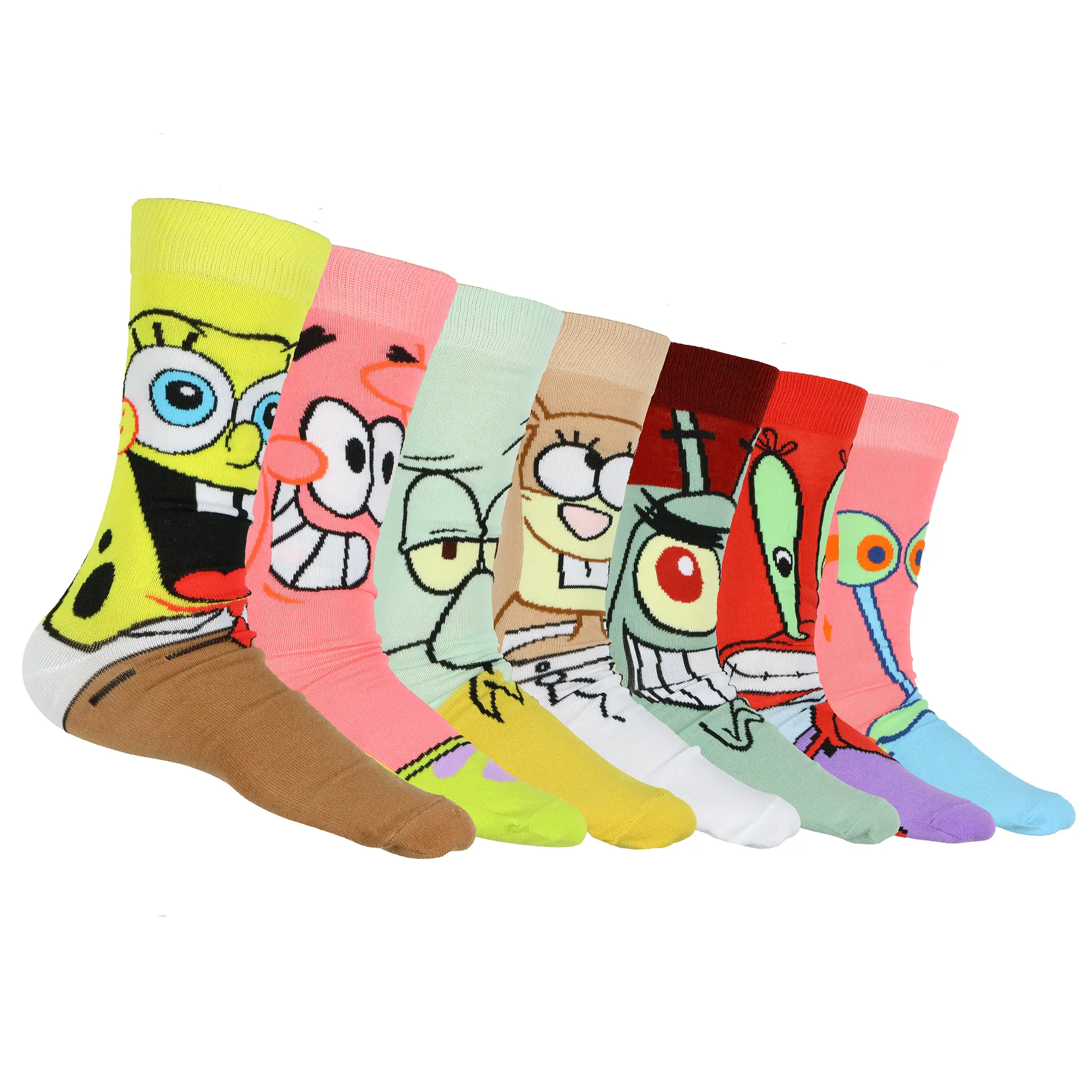 Spongebob SquarePants Socks Men's Character Face Designs 7-Pairs Mid-Rise Adult Crew Socks (Fits Shoe Size 6-12)