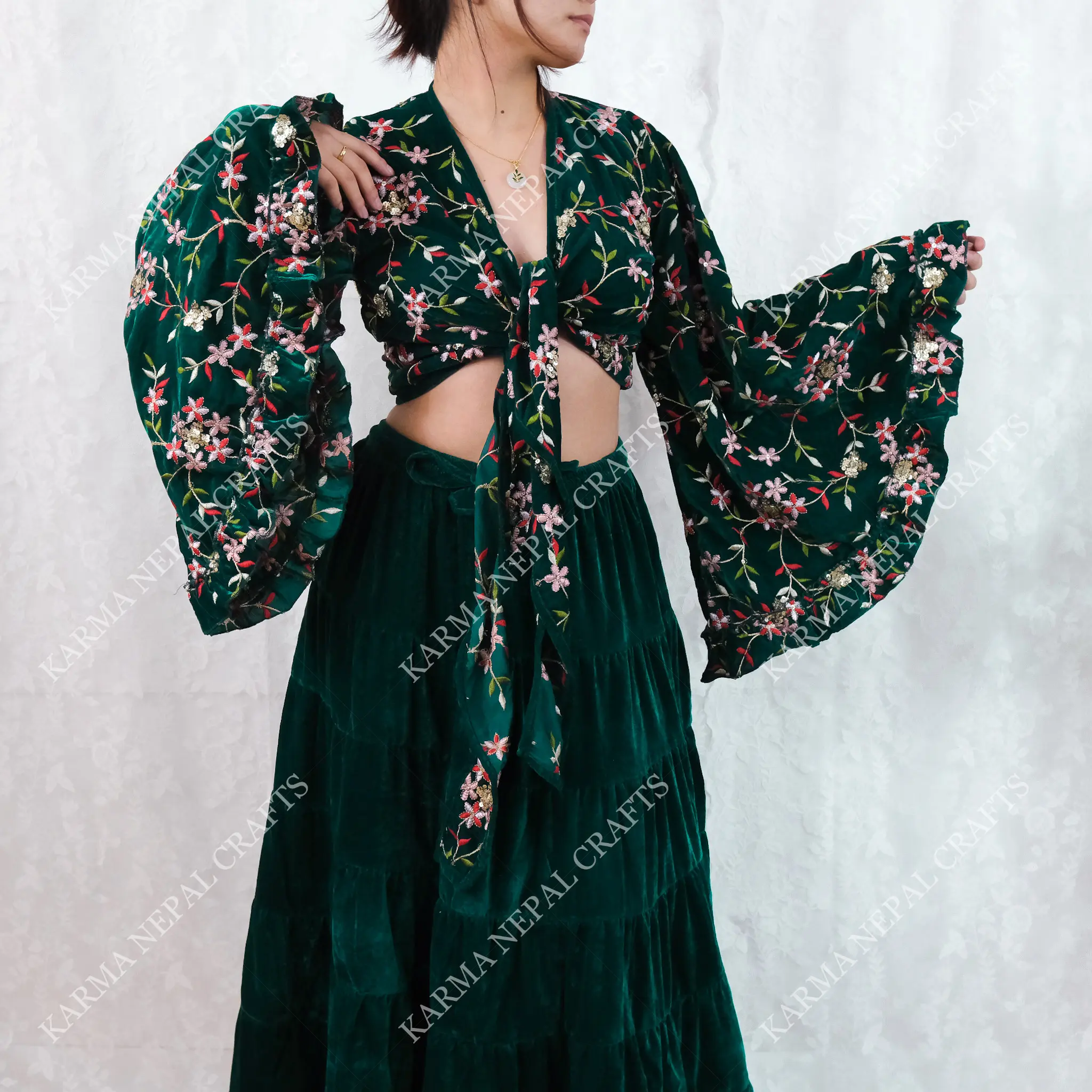Velvet Hand Embroidered Wrap Top, Handmade One of a Kind, Witchy Hippie Crop Top, Vibrant Ruffle Sleeve Top, Bohemian Fairy Top, Cottage Core