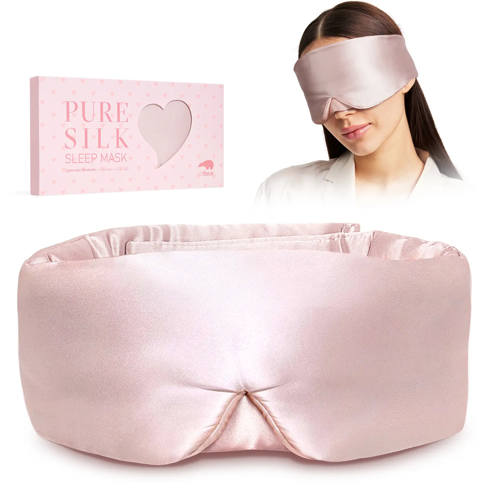 LitBear Pink 100% 22 Momme Pure Mulberry Silk Sleep Mask - Breathable Blackout Deep Sleep Eye Cover for Side Sleepers with Ear and Nose Protection, Mothers Day Gift for Women Men #Summervibes, Breathable Eye Cover, 100% Silk Sleep Masks